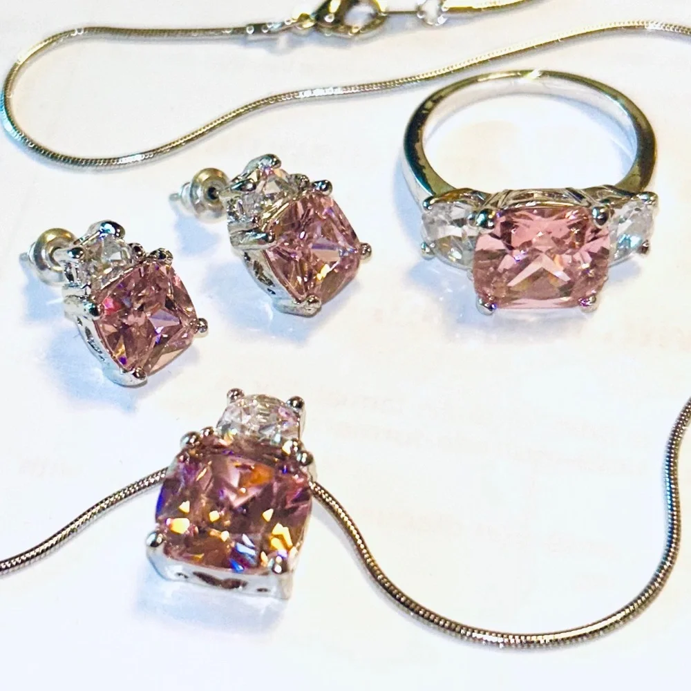 Costume Jewelry Set Silver Tone and Pink Stones - Picture 1 of 10